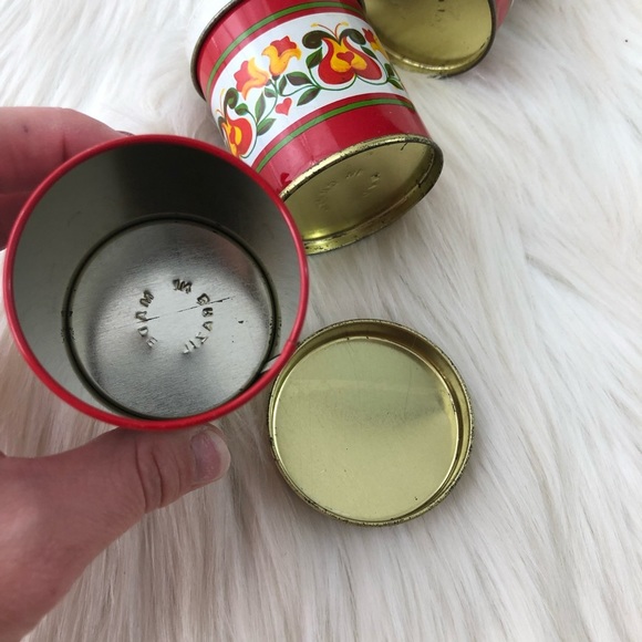 Vintage Metal 60's 70's Style Storage Containers Red Floral Pattern - Picture 8 of 11